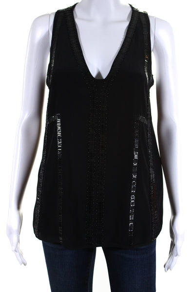 Ramy Brook Womens Silk Beaded V-Neck Sleeveless Pullover Blouse Top Black Size S