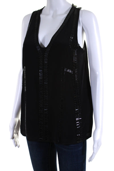 Ramy Brook Womens Silk Beaded V-Neck Sleeveless Pullover Blouse Top Black Size S