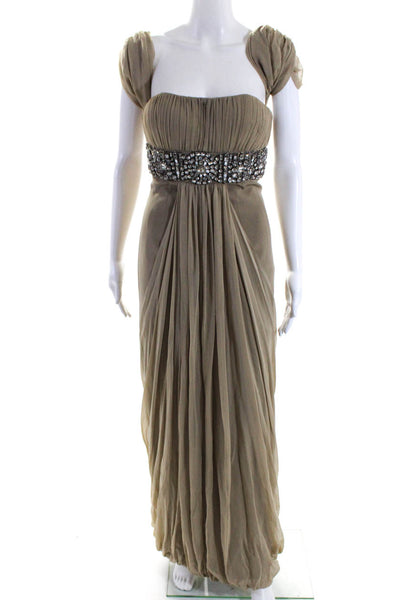 Randi Rahm Womens Strapless Rhinestone Bubble Hem Gown With Shrug Beige Size 4