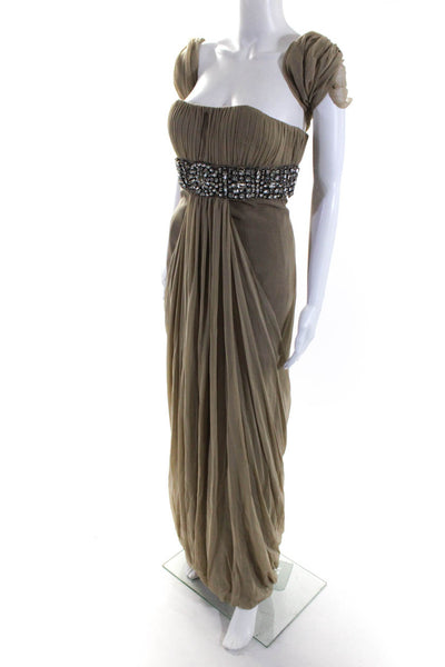 Randi Rahm Womens Strapless Rhinestone Bubble Hem Gown With Shrug Beige Size 4