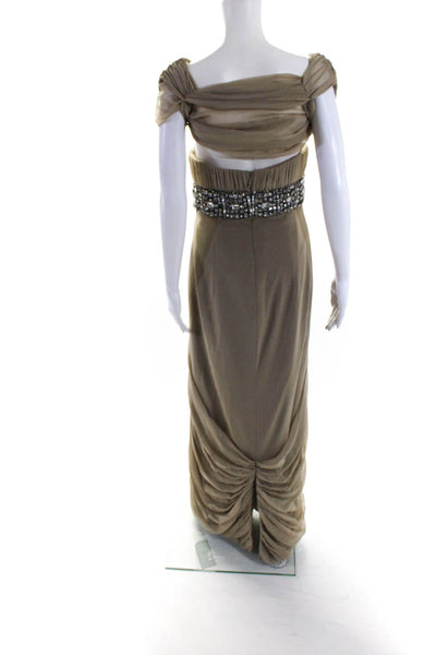 Randi Rahm Womens Strapless Rhinestone Bubble Hem Gown With Shrug Beige Size 4