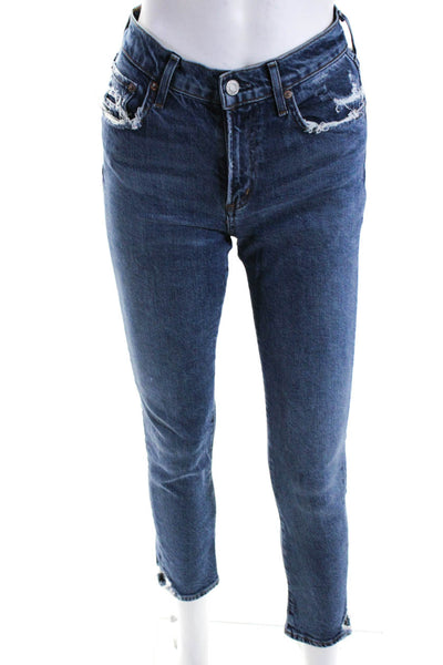 Agolde Womens Medium Washed Buttoned Distress Skinny Leg Jeans Blue Size EUR24