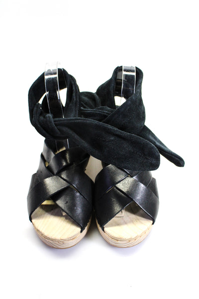 Free People Womens Leather Suede Lace Up Wooden Heels Sandals Black Size 8