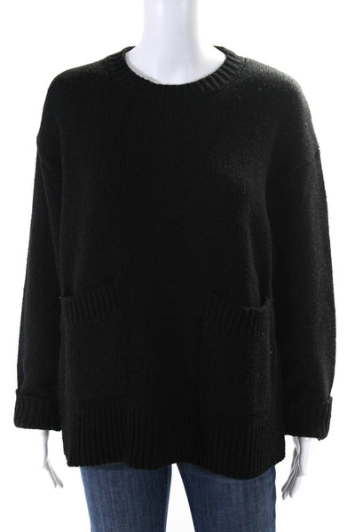 Zara Womens Crew Neck Oversize Thick Knit Pocket Sweater Black Size Medium