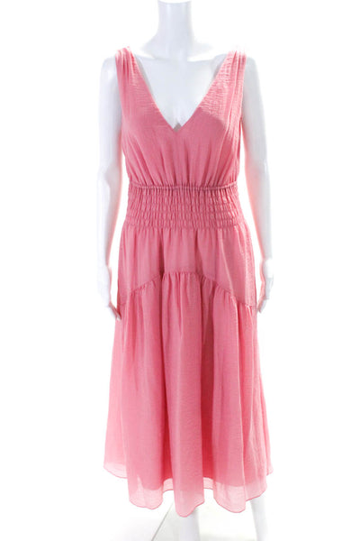 Vince Womens Smocked Waist V Neck Sleeveless A Line Dress Pink Size Small