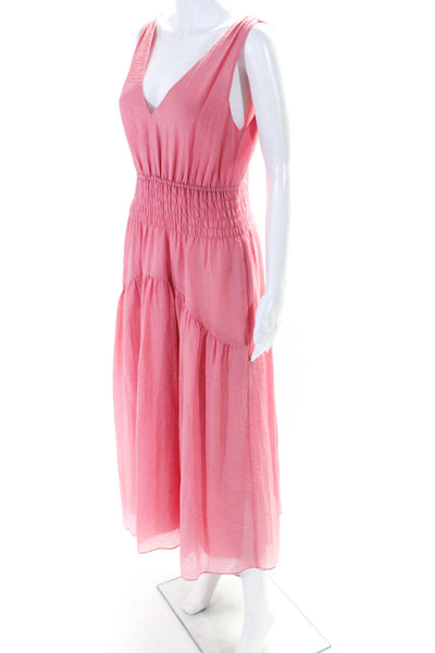 Vince Womens Smocked Waist V Neck Sleeveless A Line Dress Pink Size Small