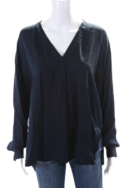 Vince Womens Satin Long Sleeve Curved Hem V-Neck Blouse Midnight Blue Size 8