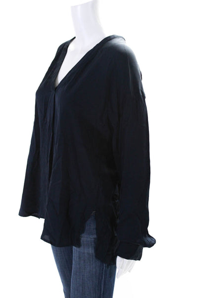 Vince Womens Satin Long Sleeve Curved Hem V-Neck Blouse Midnight Blue Size 8