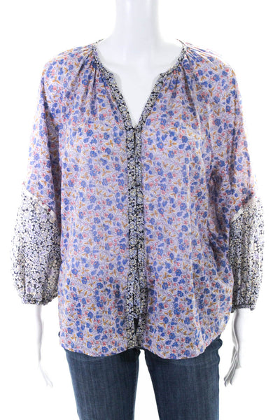 Maje Womens Cotton Floral Print V Neck Long Sleeve Blouse Purple Size S