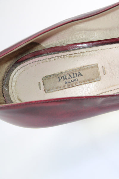 Prada Womens Dark Red Leather Peep Toe Heels Pumps Shoes Size 10.5