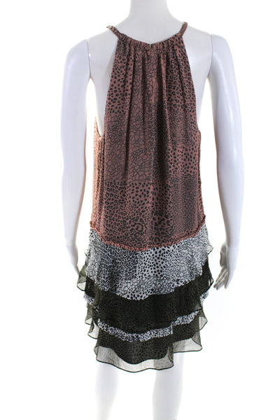 Ramy Brook Womens Silk Animal Print Ruffled Tiered V-Neck Dress Pink Size M