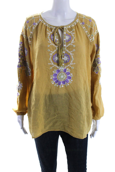 Antik Batik Womens Danah Blouse Camel Yellow Lavender Cotton Size Medium