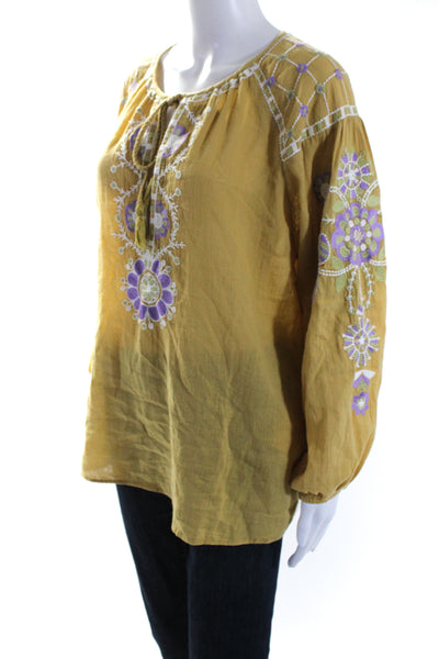 Antik Batik Womens Danah Blouse Camel Yellow Lavender Cotton Size Medium