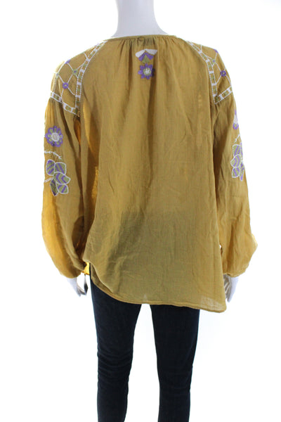 Antik Batik Womens Danah Blouse Camel Yellow Lavender Cotton Size Medium