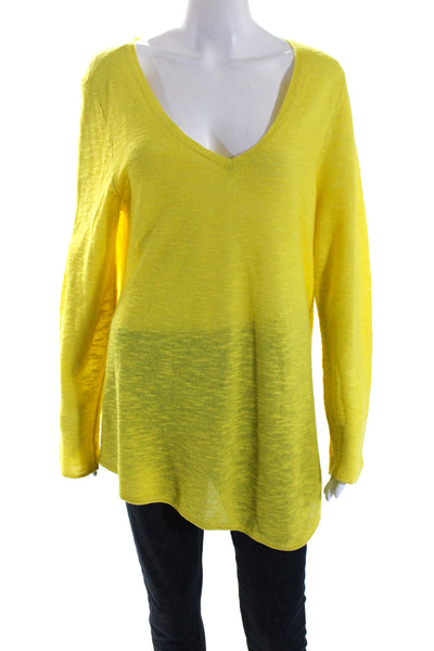 Eileen Fisher Womens Organic Linen Long Sleeves V Neck Sweater Yellow Size Large