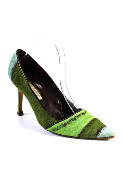 Manolo Blahnik Womens Green Fuzzy Pointed Toe Printed Heels Pumps Shoes Size10.5