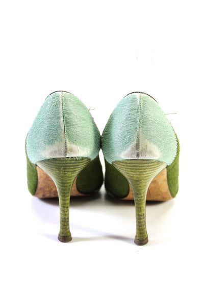 Manolo Blahnik Womens Green Fuzzy Pointed Toe Printed Heels Pumps Shoes Size10.5