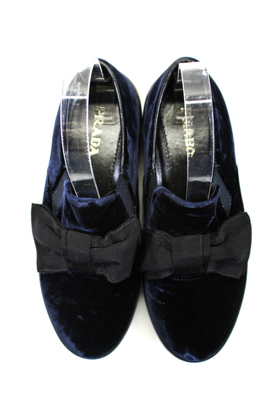 Prada Womens Velvet Bow Slip On Flat Casual Sneakers Blue Size 7