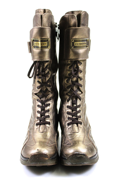 Cesare P. Womens Metallic Lace-Up Tied Hook Pile Tape Boots Gold Size EUR37