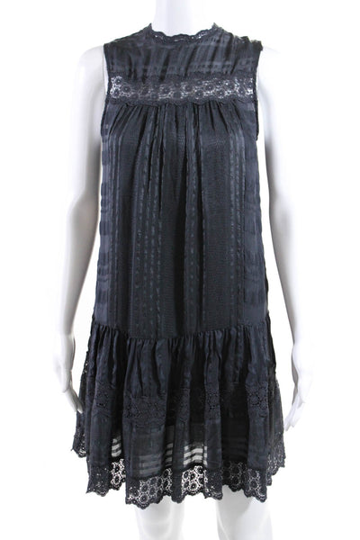 Rebecca Taylor Women's V-Neck Sleeveless Lace Trim A-Line Mini Dress Gray Size 0