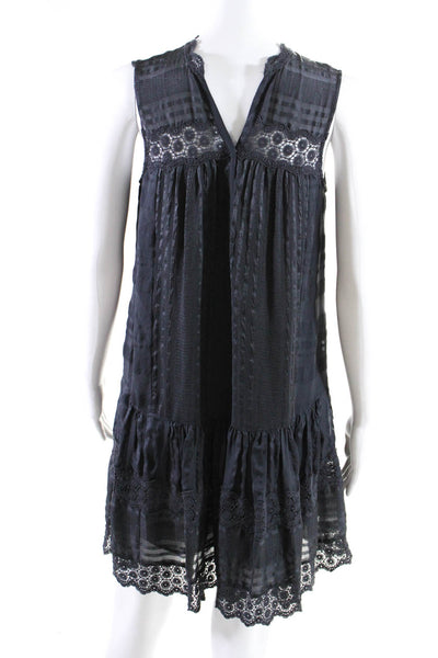 Rebecca Taylor Women's V-Neck Sleeveless Lace Trim A-Line Mini Dress Gray Size 0