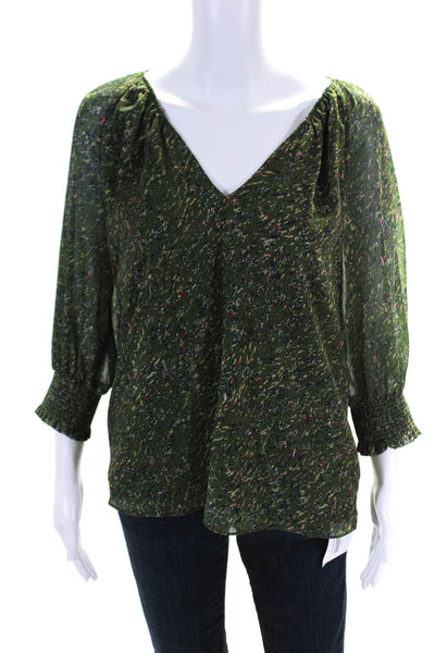 Ramy Brook Womens Abstract Print Long Sleeves V Neck Blouse Green Size Small