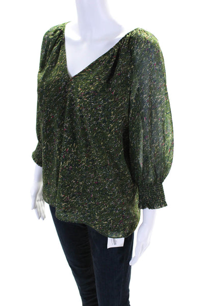 Ramy Brook Womens Abstract Print Long Sleeves V Neck Blouse Green Size Small