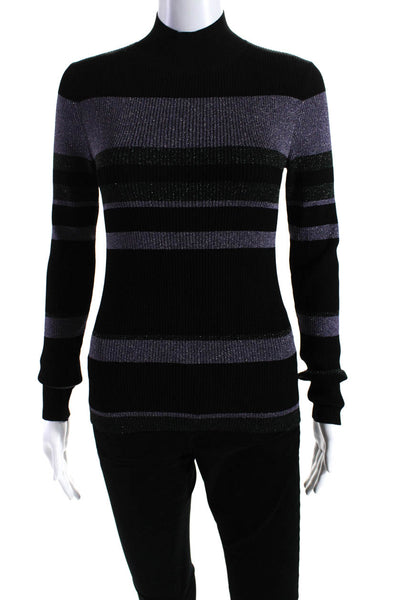 Tanya Taylor Womens Metallic Ribbed Turtleneck Sweater Black Purple Green XS