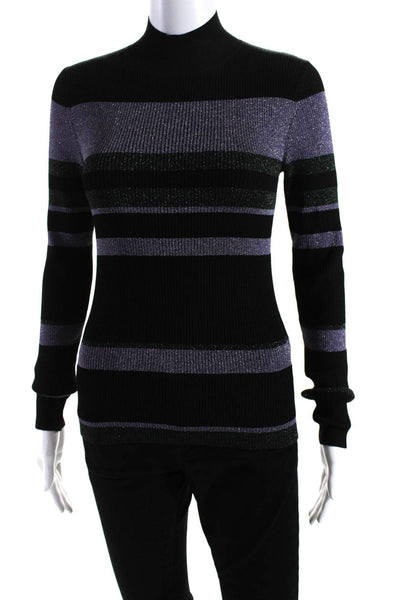 Tanya Taylor Womens Metallic Ribbed Turtleneck Sweater Black Purple Green XS