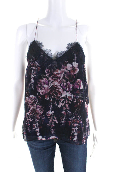 Cami NYC Womens Silk Floral Print Lace Trim Cami Blouse Blue Pink Size XS