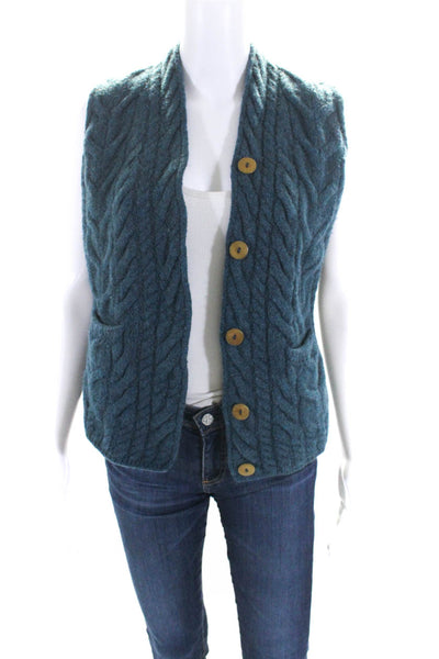 Aran Crafts Womens Merino Wool V Neck Cable Knit Sweater Vest Blue Size XS