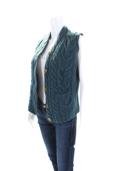 Aran Crafts Womens Merino Wool V Neck Cable Knit Sweater Vest Blue Size XS