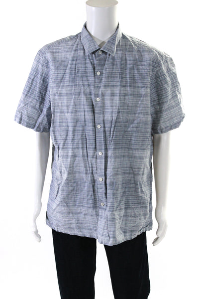 Theory Mens Short Sleeve Check button Up Shirt Blue Gray Linen Size XXL