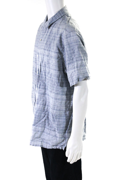 Theory Mens Short Sleeve Check button Up Shirt Blue Gray Linen Size XXL