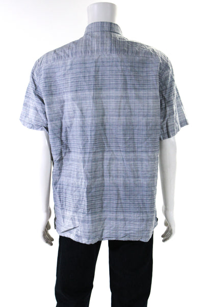 Theory Mens Short Sleeve Check button Up Shirt Blue Gray Linen Size XXL