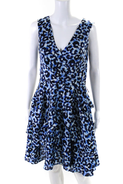 DKNYC Womens Floral Print V Neck A Line Tiered Dress Navy Blue White Size 10