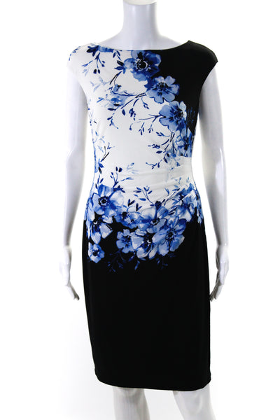 Lauren Ralph Lauren Womens Floral Print Body Con Ruched Dress White Blue Size 4