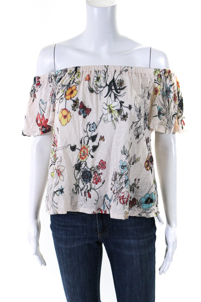 Rebecca Taylor Womens Linen Floral Print Short Sleeves Blouse White Size Extra S