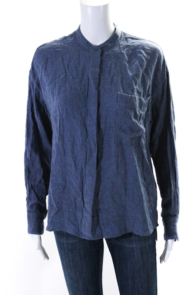 Vince Womnes Long Sleeves Button Down Crew Neck Shirt Blue Cotton Size Small