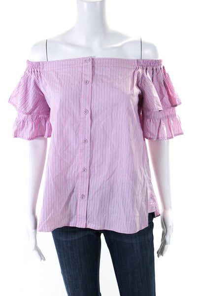 Parker Womens Striped Tiered Short Sleeves Blouse Pink Cotton Size Small