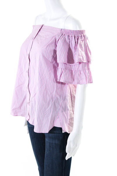 Parker Womens Striped Tiered Short Sleeves Blouse Pink Cotton Size Small