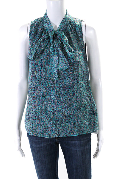 Rebecca Taylor Womens Silk Floral Print Tie Neck Tank Top Blue Pink Size 2