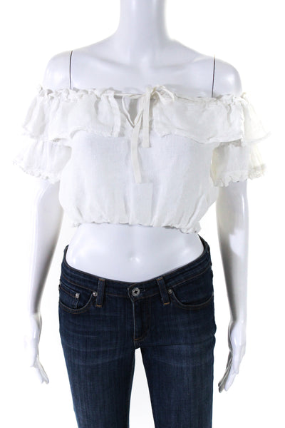 Sunday Tropez Womens Short Sleeve Off Shoulder Crop Top Blouse White One Size