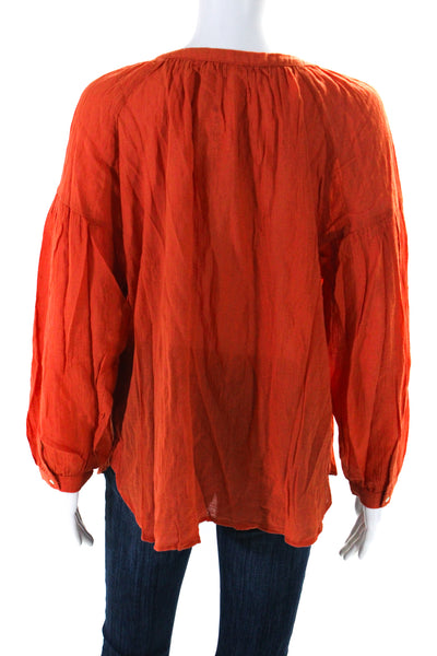 Bella Jones Womens Y Neck Button Up Long Sleeve Gauze Top Blouse Orange Size 2