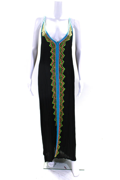 Womens Embroidered V Neck Sleeveless Maxi Dress Black Pink Green Blue Size Large