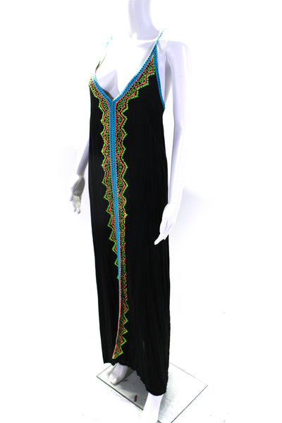 Womens Embroidered V Neck Sleeveless Maxi Dress Black Pink Green Blue Size Large