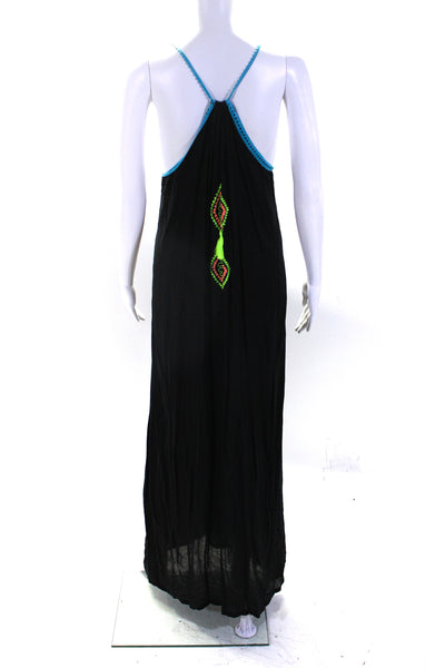 Womens Embroidered V Neck Sleeveless Maxi Dress Black Pink Green Blue Size Large