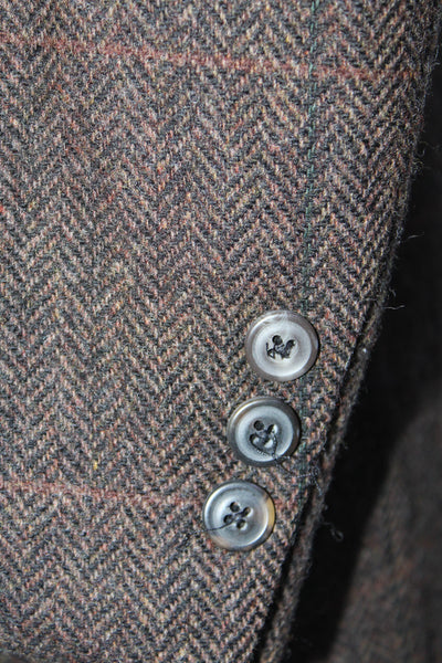 Burberrys Mens Wool Grid Print Notch Collar Button Up Suit Jacket Brown Size 42R