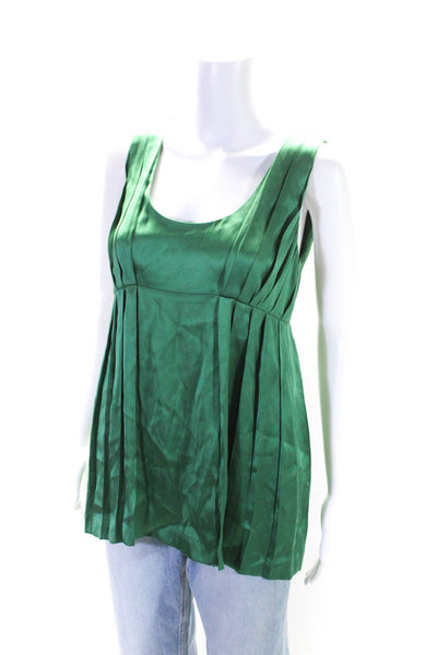 Thakoon Womens Silk Pleated Round Neck Pullover Tank Top Blouse Green Size 4