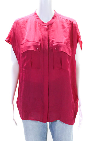 Vince Womens Silk Round Neck Short Sleeve Button Up Blouse Top Fuchsia Size M